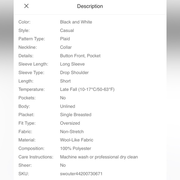 SHEIN Women’s Plaid Flannel Button Wool Mix Shirt - black & white, size S / US 4 - Picture 7 of 7